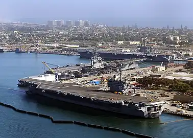 Three carriers (U.S.S. Carl Vinson, U.S.S. Nimitz, USS&nbsp;Ronald Reagan) at North Island, 2010