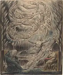 Image of Katherine and multiple figures swirling above
