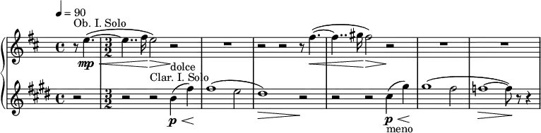{ \new PianoStaff << \new Staff \relative c'' { \set Staff.midiInstrument = #"oboe" \clef treble \time4/4 \tempo 4=90 \key b \minor \partial 2 r8^"Ob. I. Solo" e4.\mp\<~( | \time 3/2 e4.. fis16\! e2)\> r\! | R1*3/2 | r2 r r8 fis4.~(\< | fis4.. gis16\! fis2)\> r\! | R1*3/2 | R1*3/2 | } \new Staff \transpose bes c' \relative bes' { \set Staff.midiInstrument = #"clarinet" \transposition bes \clef treble \time 4/4 \key b \minor \partial 2 r2 | \time 3/2 r2 r^"Clar. I. Solo" a4(^"dolce"\p\< e')\! | e1( d2 | cis1)\> r2\! | r r b4-"meno"\p\<( fis')\! | fis1( e2 | ees1~\> ees8)\! r r4 |} >> }