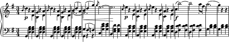 \relative c' {
\new PianoStaff <<
\new Staff { \key e \minor \time 3/4
<<
{
s16 \slashedGrace b'8 s4 b4\rest a g b4\rest a \slashedGrace b8 s4 b4\rest a g b4\rest a b( d a) b( d g) \slashedGrace g8 s2. s \slashedGrace c,8 s4 b4\rest b a b4\rest b \slashedGrace c8 s4 b4\rest b a b4\rest b
}
\\
{
s16 d4\p s4 d, b s d d'4 s4 d, b s d g2.~ g\< e'2.^~ e\! e4\p s4 e, c s e e'4 s4 e, c s e c'\f^( b'2^~) b a8-. fis-. a2.^( g4) b,4\rest b4\rest
}
>>
}
\new Dynamics {
}
\new Staff { \key e \minor \time 3/4 \clef bass
<<
{ s16 g,,4 s s g s s g s s g s s g s s g'( fis f) c s s b s s a s s a s s a s s a }
\\
{ s16 s4 <d g b> <d g b> s <d g b> <d g b> s <d g b> <d g b> s <d g b> <d g b> s <d g b> <d g b> g, r r s <g' c e> <g c e> s <e g d'> <e g d'> s <e a c> <e a c> s <e a c> <e a c> s <e a c> <e a c> s <e a c> <e a c> d <fis c' d> <fis c' d> d <fis c' d> <fis c' d> g <b d> <b d> g <b d> <b d> }
>>
}
>>
}