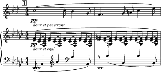 <<
\new Staff="clar" \relative c'' {
\set Staff.midiInstrument = #"clarinet"
\transposition bes
\clef treble
\numericTimeSignature
\time 4/4
\key aes \major
\mark \markup { \box "1" }
c2~\pp_\markup { \italic \small "doux et penetrant" }( c8 bes4 g8 | f4. g8 a c4 ees8)
}
\new PianoStaff {
<<
\new Staff="one" \relative c' {
\clef treble
\key ges \major
\numericTimeSignature
\time 4/4
\slurUp
\override TupletNumber #'stencil = ##f
\times 2/3 {<< f8(\pp_\markup { \italic \small "doux et egal" } des >> << ees8~ ces~ >> << ees8 ces f, >> }
\repeat unfold 3 \times 2/3 {<< f'8 des >> << ees8~ ces~ >> << ees8 ces f, >> }
\repeat unfold 3 \times 2/3 {<< g'8 ees >> << f8~ des~ >> << f8 des g, >> }
\times 2/3 {<< g'8 ees >> << f8~ des~ >> << f8) des g, >> }
\slurNeutral
}
\new Staff="two" \relative c, {
\clef bass
\key ges \major
\numericTimeSignature
\time 4/4
<<
{ \slurDown
des8-.( aes'4-. \clef treble aes''4-. \clef bass aes,-. aes,8-.) |
r8 bes'4-.( bes,-. bes'-. bes,8-.)
\slurNeutral } \\
{ des,1 | des1 }
>>
}
>>
}
>>