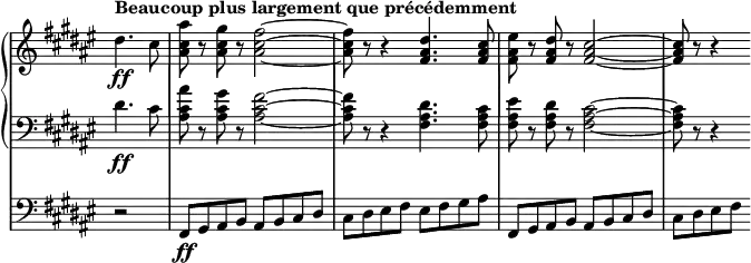 \new StaffGroup
\with {
systemStartDelimiter = #'SystemStartBar
}
<<
\new GrandStaff <<
\new Staff \with { \remove "Time_signature_engraver"} \relative c'
{
\key fis \major \time 4/4 \tempo "Beaucoup plus largement que précédemment" \partial 2
dis'4.\ff cis8 | <ais' cis, ais> r <gis cis, ais> r <fis~ cis~ ais~>2 |
<fis cis ais>8 r r4 <dis ais fis>4. <cis ais fis>8 |
<eis ais, fis> r <dis ais fis> r <cis~ ais~ fis~>2 | <cis ais fis>8 r r4
}
\new Staff \with { \remove "Time_signature_engraver"} \relative c'
{
\key fis \major \time 4/4 \clef bass
dis4.\ff cis8 | <ais' cis, ais> r <gis cis, ais> r <fis~ cis~ ais~>2 |
<fis cis ais>8 r r4 <dis ais fis>4. <cis ais fis>8 |
<eis ais, fis> r <dis ais fis> r <cis~ ais~ fis~>2 | <cis ais fis>8 r r4
}
>>
\new Staff \with { \remove "Time_signature_engraver"} \relative c'
{
\key fis \major \time 4/4 \clef bass
r2 | fis,,8\ff gis ais b ais b cis dis | cis dis eis fis eis fis gis ais | fis,8 gis ais b ais b cis dis | cis dis eis fis
}
>>