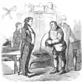 Jaggers menace Mike, son client et informateur (arrière-plan : Pip et Wemmick), par John McLenan.