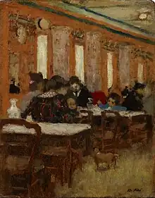 Ce tableau de Vuillard représente: de dos Ida Godebska (1872-1935), son fils Jean (1901-1990)  sur ses genoux; Assis de face avec un chapeau Cipa Godebski (1875-1937) et assis à son côté sa fille Mimi (1899-1949).