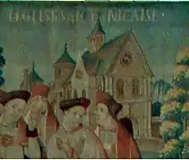 L'église Saint-Nicaise sur les tapisseries commandées par Robert de Lenoncourt (XVIe&nbsp;siècle) pour orner la Basilique Saint-Remi. On n'y reconnaît pas les tours gothiques de l'église