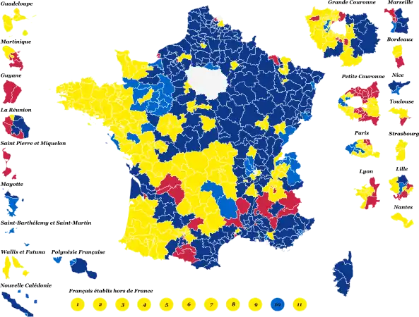 Candidats arrivés en tête dans chaque circonscription législative au 1er&nbsp;tour.