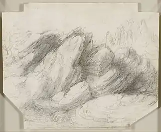 Dessin crayonné représentant des formations rocheuses.