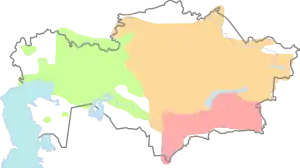Carte du Kazakhstan montrant trois zones colorées.