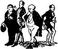 Les quatre voyageurs : Tracy Tupman, Nathaniel Winkle, Samuel Pickwick et Augustus Snodgrass.