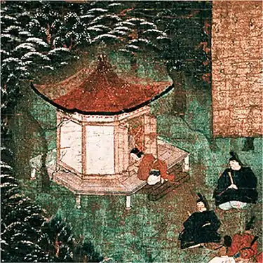 Auteur anonyme. Biographie illustrée du prince Shōtoku , six rouleaux peints sur soie, XIVe ou XVe&nbsp;siècle, époque de Muromachi, 2e rouleau représentant la fondation du temple Rokkaku-dō à Kyoto.
