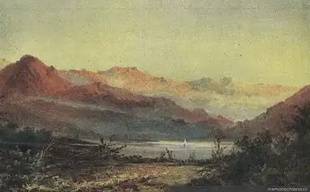 Antonio Smith&nbsp;(es) (Chili), Paisaje con cordillera y laguna (« Paysage avec Cordillère et lac », n. d., Bibliothèque nationale du Chili).