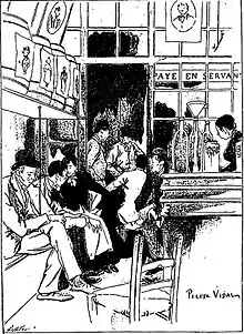 Le « mannezingue » du cabaret du Père Lunette, dessin de Pierre Vidal (1898).