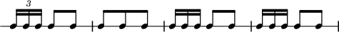 
\header {
  tagline = ##f
}

\score {
  \new RhythmicStaff {
    \time 3/8
    \numericTimeSignature
    \omit Staff.TimeSignature
    \override TupletBracket.bracket-visibility = ##f

   \times 2/3 { c16[ c c] }  c8 c  \omit TupletNumber | c c c | \times 2/3 { c16[ c c] }  c8 c | \times 2/3 { c16[ c c] }  c8 c 

  }
  \layout {
   % indent = #0
  }
  \midi {}
}
