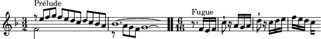 
\version "2.18.2"
\header {
  tagline = ##f
}

\score {
  \new Staff \with {

  }
<<
  \relative c'' {
    \key f \major
    \time 3/2
	\set Staff.midiInstrument = #"harpsichord" 

     %% INCIPIT CBT II-11, BWV 880, fa majeur
     << { r8^\markup{Prélude} e8 f g f e d c d c bes a | \once \override Staff.TimeSignature #'stencil = ##f \time 6/2 bes1.~ \hideNotes bes16 } \\ { f2 s1 r8 a8 g f g1^~ \hideNotes g16 } >> \bar ".."
     \partial 4.
     \time 6/16
     r8.^\markup{Fugue} f16 e f c'8-! r16 a16 g a d8-! r16 c16 d e f e d 
{ 
 % suppression des warnings :
 #(ly:set-option 'warning-as-error #f)
 #(ly:expect-warning (_ "stem does not fit in beam")) %% <= à traduire éventuellement
 #(ly:expect-warning (_ "beam was started here")) %% <= à traduire éventuellement
  \set stemRightBeamCount = #2
  c4*1/4[ s]
}

  }
>>
  \layout {
     #(layout-set-staff-size 17)
     \context { \Score \remove "Metronome_mark_engraver"  \override SpacingSpanner.common-shortest-duration =
        #(ly:make-moment 1/3) }
  }
  \midi {}
}
