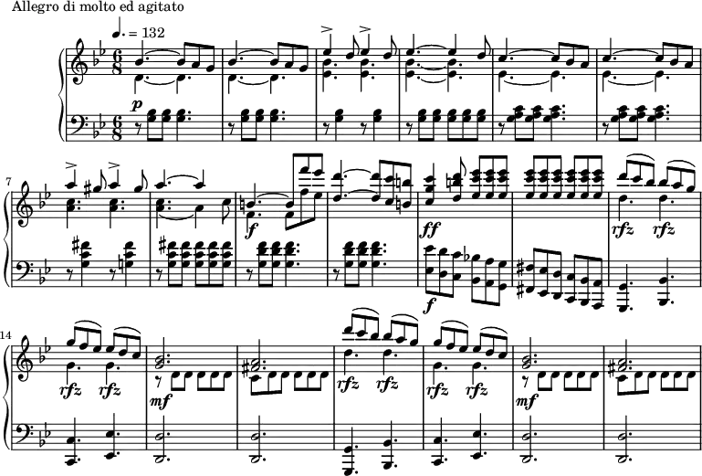 
\version "2.18.2"
\header {
  tagline = ##f
}
upper = \relative c'' {
  \clef treble 
  \key g \minor
  \time 6/8
  \tempo 4. = 132
  %\autoBeamOff

   %%Montgeroult — Étude 111 (pdf p. 197)
   \repeat unfold 2 { << { bes4.~ bes8 a g } \\ { d4.~ d } >> }
   << { \repeat unfold 2 { ees'4-> d8\! } } \\ { < bes ees, >4. < bes ees, > } >>
   << { ees4.~ ees4 d8 } \\ { < bes ees, >4.~ < bes ees, > } >>
   \repeat unfold 2 { << { c4.~ c8 bes a } \\ { ees4.~ ees } >> }
   << { \repeat unfold 2 { a'4-> gis8 } } \\ { < c, a >4. < c a > } >>
   << { a'4.~ a4 s8 b,4.~ b8 f'' ees < d d, >4.~ < d d, >8 < c c, > < b b, > < c g c, >4\ff < d b d, >8 < ees c ees, >8 q q q q q q q q  } \\ { < c, a >4.( a4) c8 f,4.\f f8 f' ees } >>
   \repeat unfold 2 { << { d'8(\rfz c bes) bes(\rfz a g) g(\rfz f ees) ees(\rfz d c) < bes g >2.\mf < a fis > } \\ { d4. d g, g r8 d d d d d c d d d d d } >> }

}

lower = \relative c {
  \clef bass
  \key g \minor
  \time 6/8

   r8^\p \repeat unfold 2 { < bes' g >8 q < bes g >4. r8 } \repeat unfold 2 { < bes g >4 r8 }
    < bes g >8 q \repeat unfold 3 { < bes g >8 }
   \repeat unfold 2 { d,8\rest < c' a g >8 q < c a g >4. }
   r8 < fis c g >4 r8 < fis c g! >4 r8 < fis c g >8 < fis c g > \repeat unfold 3 { < fis c g >8 }
   \repeat unfold 2 { r8 < f d g, >8 q q4. }
   < ees ees, >8\f < d d, > < c c, > < bes! bes, > < a a, > < g g, > < fis fis, > < ees ees, > < d d, > < c c, > < bes bes, > < a a, >
   \repeat unfold 2 { < g g, >4. < bes bes, > < c c, > < ees ees, > < d d, >2. q }

}

  \header {
    piece = "Allegro di molto ed agitato"
  }

\score {
  \new PianoStaff <<
    \new Staff = "upper" \upper
    \new Staff = "lower" \lower
  >>
  \layout {
    \context {
      \Score
      %\remove "Metronome_mark_engraver"
    }
  }
  \midi { }
}
