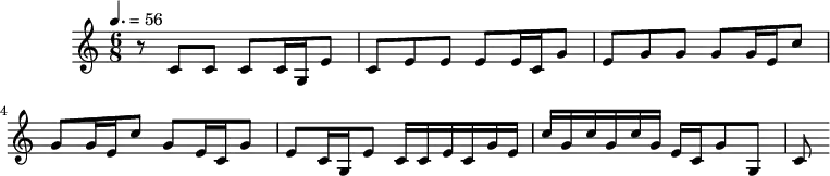 
\header {
  tagline = ##f
}

\score {
  \new Staff \with {

  }
<<
  \relative c' {
    \key c \major
    \time 6/8
    \override TupletBracket #'bracket-visibility = ##f 
    %\autoBeamOff
    \tempo 4. = 56
    \set Staff.midiInstrument = #"trumpet"
     %%%%%%%%%%%%%%%%%%%%%%%%%% BWV 31a
     r8 c8 c c c16 g e'8 
     c8 e e e e16 c g'8 
     e g g g g16 e c'8 
     g g16 e c'8 g e16 c g'8 
     e c16 g e'8 c16 c e c g' e 
     c' g c g c g e c g'8 g, c

  }
>>
  \layout {
    \context {
      \remove "Metronome_mark_engraver" 
    }
  }
  \midi {}
}
