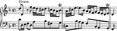 
\version "2.18.2"
\header {
  tagline = ##f
  % composer = "Domenico Scarlatti"
  % opus = "K. 90"
  % meter = "Grave"
}

%% les petites notes
trillBesq     = { \tag #'print { bes8\trill } \tag #'midi { c64 bes c bes~ bes16 } }
trillEq     = { \tag #'print { e8\trill } \tag #'midi { f64 e f e~ e16 } }

upper = \relative c'' {
  \clef treble 
  \key d \minor
  \time 4/4
  \tempo 4 = 52
  \set Staff.midiInstrument = #"harpsichord"
  \override TupletBracket.bracket-visibility = ##f

      s8*0^\markup{Grave}
      d8 d, r8 f'8 e32 d cis16 d8 c32 bes a16 \trillBesq | a32 cis e8.~ e8. bes16 a32 g f16 g8 f32 e d16 \trillEq |
      % ms. 3
      d4

}

lower = \relative c' {
  \clef bass
  \key d \minor
  \time 4/4
  \set Staff.midiInstrument = #"harpsichord"
  \override TupletBracket.bracket-visibility = ##f

    % ************************************** \appoggiatura a16  \repeat unfold 2 {  } \times 2/3 { }   \omit TupletNumber 
      d8 d,16 e f8 d a' bes fis g | cis, bes' a g f bes, a g |
      % ms. 3
      f8 s8

}

thePianoStaff = \new PianoStaff <<
    \set PianoStaff.instrumentName = #""
    \new Staff = "upper" \upper
    \new Staff = "lower" \lower
  >>

\score {
  \keepWithTag #'print \thePianoStaff
  \layout {
      #(layout-set-staff-size 17)
    \context {
      \Score
     \override SpacingSpanner.common-shortest-duration = #(ly:make-moment 1/2)
      \remove "Metronome_mark_engraver"
    }
  }
}

\score {
  \keepWithTag #'midi \thePianoStaff
  \midi { }
}
