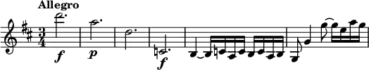 
\relative c''' {
  \version "2.18.2"
  \key d \major
  \time 3/4
  \tempo "Allegro"
  \tempo 4 = 140
  d2.\f | a\p | d, | c,\f |
  b4~ b16 c a c b c a b |
  g8 g'4 g'8~ g16 e a g |
}
