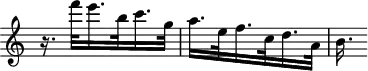 
\version "2.18.2"
\header {
  tagline = ##f
}

\score {
  \new Staff \with {

  }
<<
  \relative c'' {
    \key c \major
    \time 3/8
    \omit Staff.TimeSignature
    \set Staff.midiInstrument = #"harpsichord" 

     %%%%% ms; 115
     r16. f'32 e16. b32 c16. g32 | a16. e32 f16. c32  d16. a32 | b16.

  }
>>
  \layout {
      #(layout-set-staff-size 17)
     \context { \Score \remove "Metronome_mark_engraver" }
  }
  \midi {}
}

