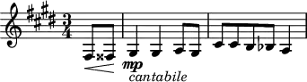 
\version "2.18.2"
\header {
  tagline = ##f
}

\score {
  \new Staff \with {

  }
<<
  \relative c {
    \key e \major
    \time 3/4
    \tempo 4 = 52
    \override TupletBracket #'bracket-visibility = ##f 

     % thème mvt 2
     \partial 4
     fis8\< fisis\! gis4\mp_\markup{\italic "cantabile"} gis a8 gis cis cis b bes a4

  }
>>
  \layout {
     \context { \Score \remove "Metronome_mark_engraver" }
  }
  \midi {}
}

