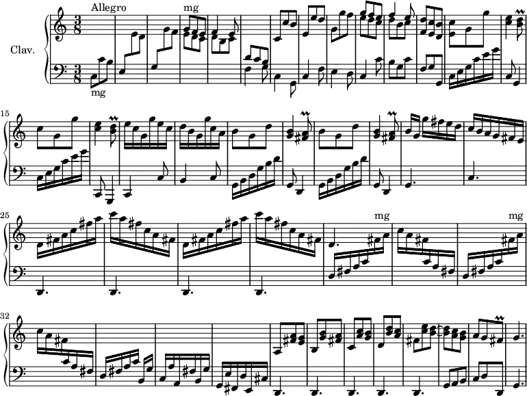 
\version "2.18.2"
\header {
  tagline = ##f
  % composer = "Domenico Scarlatti"
  % opus = "K. 465"
  % meter = "Allegro"
}

%% les petites notes
trillFisAq     = { \tag #'print { < fis a\prall >8 } \tag #'midi { << { fis8 } \\ { b32 a b a } >> } }
trillBDq       = { \tag #'print { < b d\prall >8 } \tag #'midi { << { b8 } \\ { e32 d e d } >> } }
trillFisq      = { \tag #'print { fis8\prall } \tag #'midi { g32 fis g fis } }

upper = \relative c'' {
  \clef treble 
  \key c \major
  \time 3/8
  \tempo 4. = 68
  \set Staff.midiInstrument = #"harpsichord"
  \override TupletBracket.bracket-visibility = ##f

      s8*0^\markup{Allegro}
      s4.*6 | c,8 c' b | e, e' d | 
      % ms. 9
      g,8 g' f | << { g8 f e | f4 e8 } \\ { e8 d c | d b c } >> < f, d' >8 < e c' > < d b' > | < e c' > g g' | < c, e >4 \trillBDq | c8 g g' | < c, e >4 \trillBDq |
      % ms. 17
      e16 c g g' e c | d b g g' c, a | \repeat unfold 2 { b8 g d' | < g, b >4 \trillFisAq } | b16[ g] g' fis e d |
      % ms. 24
      c16 b a g fis e | \repeat unfold 2 { d fis a c fis a | c a fis c a fis } | d4. |
      % ms. 30 -> 36
      s4.*6 | a8 < fis' a > < e g > | b < g' b > < fis a > | c < a' c > < g b > | d < b' d > < a c > | fis < c' e > < b d >~ | q < a c > < g b > | a g \trillFisq | g4. | 

}

lower = \relative c' {
  \clef bass
  \key c \major
  \time 3/8
  \set Staff.midiInstrument = #"harpsichord"
  \override TupletBracket.bracket-visibility = ##f

    % ************************************** \appoggiatura a8  \repeat unfold 2 {  } \times 2/3 { }   \omit TupletNumber 
      c,8-\markup{mg} c' b | e, \stemDown \change Staff = "upper" e' d | \stemUp \change Staff = "lower" g, \stemDown \change Staff = "upper" g' f | 
      << { g8-\markup{mg} f e | f4 e8 }
      \\ { e d c | d b c } >> \change Staff = "lower" << { d8 c b } \\ { f4 g8 } >> | c,4 g8 | \stemNeutral \change Staff = "lower" c4 f8 |
      % ms. 9
      e4 d8 | c4 c'8 | b g c | f, g g, | c16 e g c e g | c,,8 g4 | c16 e g | c16 e g | c,,,8 g4 |
      % ms. 17
      c4 c'8 | b4 c8 | \repeat unfold 2 { g16 b d g b d | g,,8 d4 } | g4. |
      % ms. 24
      c4. | \repeat unfold 4 { d,4. } | \repeat unfold 2 { d'16 fis a c \stemDown \change Staff = "upper"  fis^\markup{mg} a 
      % ms. 30
      c16 a fis \stemUp \change Staff = "lower" c a fis } | d16 fis a c b,[ g'] | c, a' a, fis' b, g' | g, e' fis, d' e, cis' |
      % ms. 36
      \repeat unfold 5 { d,4. } | g8 a b | c d d, | g4. |

}

thePianoStaff = \new PianoStaff <<
    \set PianoStaff.instrumentName = #"Clav."
    \new Staff = "upper" \upper
    \new Staff = "lower" \lower
  >>

\score {
  \keepWithTag #'print \thePianoStaff
  \layout {
      #(layout-set-staff-size 17)
    \context {
      \Score
     \override SpacingSpanner.common-shortest-duration = #(ly:make-moment 1/2)
      \remove "Metronome_mark_engraver"
    }
  }
}

\score {
  \keepWithTag #'midi \thePianoStaff
  \midi { }
}
