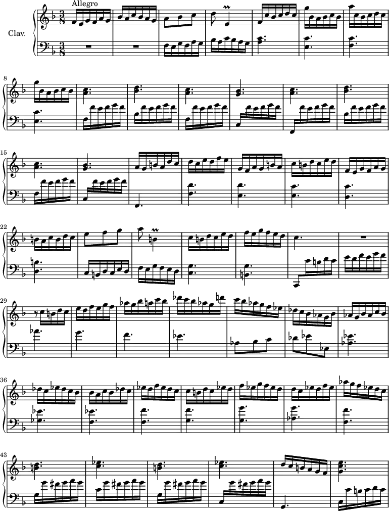 
\version "2.18.2"
\header {
  tagline = ##f
  % composer = "Domenico Scarlatti"
  % opus = "K. 349"
  % meter = "Allegro"
}

%% les petites notes
trillEDown     = { \tag #'print { e,4\prall } \tag #'midi { f32 e f e~ e8 } }
trillBDown     = { \tag #'print { b,4\prall } \tag #'midi { c32 b c b~ b8 } }


upper = \relative c'' {
  \clef treble 
  \key f \major
  \time 3/8
  \tempo 4. = 72

      s8*0^\markup{Allegro}
      f,16 e g f a g | bes a c bes a g | a8 bes c | d \trillEDown | f16 c' bes c d c | g' bes, a bes c bes |
      % ms. 7
      a'16 c, bes c d c | g' bes, a bes c bes | \repeat unfold 2 { < a c >4. < bes d > < a c >
      % ms. 16
       < g bes >4. } | a16 g b! a d c | d c e d f e | g, f a g b a | c b d c e d | 
      % ms. 21
      f,16 e g f a g | b a c b d c | e8 f g  | a \trillBDown | c16 b d c e d | f e g f e d | c4. |
      % ms. 28
      R4. | r8 c16 b d c | e d f e g f | aes g bes a c bes | des c bes aes g d' | c bes aes g f ees | des c bes aes g bes |
      % ms. 35
      aes16 g bes aes c bes | des c ees des c bes | bes a c bes des c | ees d f ees d c | c b d c ees d | f ees g f ees d | d c ees d f ees |
      % ms. 42
      aes16 g f ees  d c | \repeat unfold 2 { < b d >4.  < c ees > } | d16 c b a g f | < g c e >4. 

}

lower = \relative c' {
  \clef bass
  \key f \major
  \time 3/8

    % ************************************** \appoggiatura a16  \repeat unfold 2 {  } \times 2/3 { }   \omit TupletNumber 
      R4.*2 | f,16 e g f a g | bes a c bes a g | < a c >4. < e c' >
      % ms. 7
      < f c' >4. < e c' > | f16 f' e f g f | bes, f' e f g f | f, f' e f g f \stemUp | c, \stemNeutral  f' e f g f \stemUp | f,, \stemNeutral  f'' e f g f |
      % ms. 14
      bes, f' e f g f | f, f' e f g f \stemUp | c, \stemNeutral f' e f g f | f,,4. | < f' d' > < e d' > < e c' > |
      % ms. 21
      < d c' >4. < d b' > | c16 b d c e d | f e g f e d | < c g' >4. < b g' > \stemUp | c,8 \stemDown c''16 b d c |
      % ms. 28
      e16 d f e g f | aes4. g f ees | aes,8 bes c | des ees ees, |
      % ms. 35
      < aes ees' >4.  < ges ees' > < f ees' > < f f' > < g f' > < g g' > < aes g' >
      % ms. 42
      < f f' >4. g16 g' fis g a g | c, g' fis g a g | g, g' fis g a g \stemUp | c,, \stemNeutral  g'' fis g a g | g,,4. | c16 c' b c d c |

}

thePianoStaff = \new PianoStaff <<
    \set PianoStaff.instrumentName = #"Clav."
    \new Staff = "upper" \upper
    \new Staff = "lower" \lower
  >>

\score {
  \keepWithTag #'print \thePianoStaff
  \layout {
      #(layout-set-staff-size 17)
    \context {
      \Score
     \override TupletBracket.bracket-visibility = ##f
     \override SpacingSpanner.common-shortest-duration = #(ly:make-moment 1/2)
      \remove "Metronome_mark_engraver"
    }
  }
}

\score {
  \keepWithTag #'midi \thePianoStaff
  \midi { \set Staff.midiInstrument = #"harpsichord" }
}
