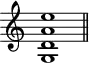 
\version "2.18.2"
\header {
  tagline = ##f
}

\score {
  \new Staff \with {
    \remove "Time_signature_engraver"
  }
  \relative c'' {
    \key c \major
    \time 9/1
    \tempo 1 = 60
    \autoBeamOff
    \clef treble
    \override Rest #'style = #'classical

      << g,1 d' a' e' >>

    \bar "||"
  }
  \layout {
    \context {
      \Score
      \remove "Metronome_mark_engraver"
    }
  }
  \midi {}
}
