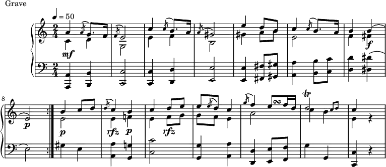 
\version "2.18.2"
\header {
  tagline = ##f
}
upper = \relative c' {
  \clef treble 
  \key a \minor
  \time 2/4
  \tempo 4 = 50
  %\autoBeamOff

   %%Montgeroult — Étude 60 (pdf p. 190)
   << { a'4 \acciaccatura a8 g8. f16 \acciaccatura f8 e2 c'4 \acciaccatura c8 b8. a16 \acciaccatura a8 gis2 e'4 d8 b c4 \acciaccatura c8 b8. a16 b4 b( e,2)\p } \\ { c4\mf d g,2 e'4 f b,2 gis'4 a8 b e,2 f4 fis\f } >> \bar ":|."
   << { b4 c8 d \acciaccatura d8 c4 b c d8 e e \acciaccatura e8 d c4 \acciaccatura g'8 f4 e8 f16 d \afterGrace d2\trill { c8[ d] } c4 } { s2*4 s4 s16 s32\turn } \\ { e,2\p e4\rfz f!\p e f8\rfz g g f e4 a2 c4 b e, r4 } >>


}

lower = \relative c {
  \clef bass
  \key a \minor
  \time 2/4

   < a a, >4 < b b, > < c c, >2 q4 < d d, >4 < e e, >2 q4 < fis fis, >8 < gis gis, > < a a, >4 < b b, >8 < c c, > < d d, >4 < dis dis, >( e,2)
   gis4 e < a a, > < g! g, > < c c, >2 < g g, >4 < a a, > < d, d, > < e e, >8 < f f, > g4 g, < c c, >4 r4

}

  \header {
    piece = "Grave"
  }

\score {
  \new PianoStaff <<
    \new Staff = "upper" \upper
    \new Staff = "lower" \lower
  >>
  \layout {
    \context {
      \Score
      
    }
  }
  \midi { }
}
