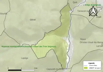 Carte des ZNIEFF de type 2 sur la commune.