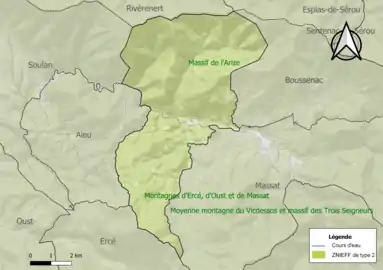 Carte des ZNIEFF de type 2 sur la commune.