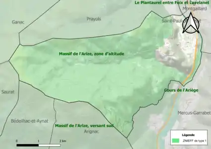 Carte des ZNIEFF de type 1 sur la commune.