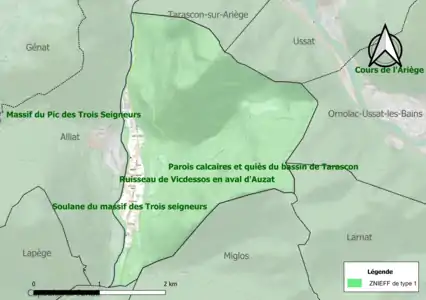 Carte des ZNIEFF de type 1 sur la commune.