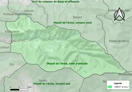 Carte des ZNIEFF de type 1 sur la commune.