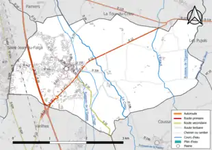 Carte en couleur présentant le réseau hydrographique de la commune