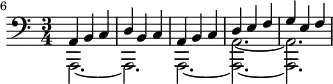 
\version "2.18.2"
\header {
  tagline = ##f
}

\score {
  \new Staff \with {

  }
<<
  \relative c {
    \clef bass
    \key a \minor
    \time 3/4
    \set Score.currentBarNumber = #6
    \override TupletBracket #'bracket-visibility = ##f 
    \bar ""
     %%% Prélude thème 2
     << { a4 b c d b c a b c d e f g e f } \\ { a,,2.~ a2. a2.~ < a a' >~ < a a' > } >>

  }
>>
  \layout {
     \context { \Score 
     \override SpacingSpanner.common-shortest-duration = #(ly:make-moment 1/3)
     \remove "Metronome_mark_engraver" }
  }
  \midi { \tempo 4 = 120 }
}
