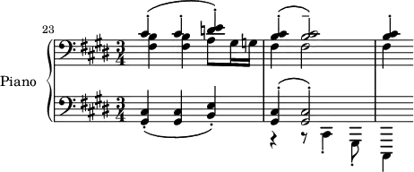 
\version "2.18.2"
\header {
  tagline = ##f
}
upper = \relative c {
  \clef treble 
  \key cis \minor
  \time 2/4
  \tempo 4 = 56
  \tempo ""
  \set Score.currentBarNumber = #23
  \set Staff.midiInstrument = #"acoustic grand"

   \bar ""
   \clef bass
   << { cis'4-.\( cis-. < d e >4-.\) < cis b >4-.\( q2--\) q4-. } \\ { < fis, b >4 q a8 gis16 g fis4 fis2 fis4 } >>

}

lower = \relative c {
  \clef bass
  \key cis \minor
  \time 3/4
  \set Staff.midiInstrument = #"acoustic grand"

  < gis cis >4-.\( q < b e >-.\) 
  << { < gis cis >-.\( < gis cis >2-.\) } \\ { r4 r8 cis,4-. gis8-. cis,4 } >>
 
} 

\score {
  \new PianoStaff <<
    \set PianoStaff.instrumentName = #"Piano"
    \new Staff = "upper" \upper
    \new Staff = "lower" \lower
  >>
  \layout {
    \context {
      \Score
      %\override SpacingSpanner.common-shortest-duration = #(ly:make-moment 1/3)
      \remove "Metronome_mark_engraver"
    }
  }
  \midi { }
}
