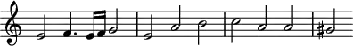
\header {
  tagline = ##f
}

\score {
  \new Staff \with {
     \remove "Time_signature_engraver"
  }
<<
  \relative c' {
    \key c \major
    %\clef bass
    \time 3/2
    \override TupletBracket #'bracket-visibility = ##f 

     %%% f° 74v
     e2 f4. e16 f g2  e  a b c a a gis
  }
>>
  \layout {
     \context { \Score \remove "Metronome_mark_engraver" }
  }
  \midi {}
}

