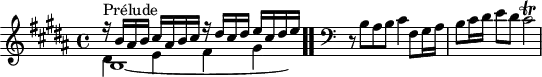 
\version "2.18.2"
\header {
  tagline = ##f
}

\score {
  \new Staff \with {

  }
<<
  \relative c'' {
    \key b \major
    \time 4/4
	\set Staff.midiInstrument = #"harpsichord" 

     %% INCIPIT CBT I-5, BWV 850, ré majeur
     << { r16^\markup{Prélude} b ais b cis ais b cis r16 dis cis dis e cis dis e } \\ { b,1*15/16~ \hideNotes b16 } \\ { \stemDown dis4 e fis gis } >> \bar ".."
     \skip 4*1
     \override Staff.Clef.extra-offset = #'( -1 . 0 )
      \clef bass 
      \partial 1
     r8 b,8 ais b cis4 fis,8 gis16 ais b8 cis16 dis e8 dis cis2\trill

  }
>>
  \layout {
     #(layout-set-staff-size 17)
     \context { \Score \remove "Metronome_mark_engraver" 
     \override SpacingSpanner.common-shortest-duration = #(ly:make-moment 1/2) 
}
  }
  \midi {}
}
