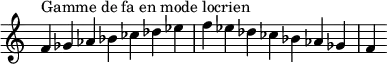 {
\override Score.TimeSignature #'stencil = ##f
\relative c' {
\clef treble \time 7/4
f4^\markup { Gamme de fa en mode locrien } ges aes bes ces des es f es des ces bes aes ges f
} }