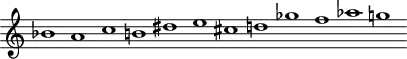 
\version "2.18.2"
\header {
  tagline = ##f
}

\score {
  \new Staff \with {
   \remove "Time_signature_engraver"

  }
<<
  \relative c'' {
    \key c \major
    \time 32/1
    \tempo 1 = 80
    \override TupletBracket #'bracket-visibility = ##f 

     %%%% Webern, série
     bes1 a c b  dis e cis d! ges f aes g!

  }
>>
  \layout {
     \context { \Score \remove "Metronome_mark_engraver" 
      \override SpacingSpanner.common-shortest-duration = #(ly:make-moment 1/2)
}
  }
  \midi {}
}
