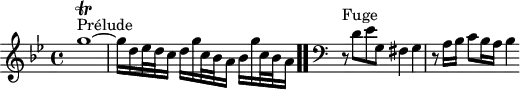 
\version "2.18.2"
\header {
  tagline = ##f
}

\score {
  \new Staff \with {
%fontSize = #-2
  }
<<
  \relative c'' {
    \key g \minor
    \time 4/4
	\set Staff.midiInstrument = #"harpsichord" 

     %% INCIPIT CBT I-16, BWV 861, sol mineur
     s4*0^\markup{Prélude} g'1~\trill g16 d ees32 d c16 d g c,32 bes a16 bes16 g' c,32 bes a16 
 \bar ".."
      \skip 8*1
      %\once \override Staff.Clef.full-size-change = ##t
     \override Staff.Clef.extra-offset = #'( -1 . 0 )
      \clef bass
      \partial 1
      \relative c
      r8^\markup{Fuge} d,8 ees g, fis4 g r8 a16 bes c8 bes16 a bes4
  }
>>
  \layout {
     \context { \Score \remove "Metronome_mark_engraver" 
     \override SpacingSpanner.common-shortest-duration = #(ly:make-moment 1/2) 
   }
  }
  \midi {}
}
