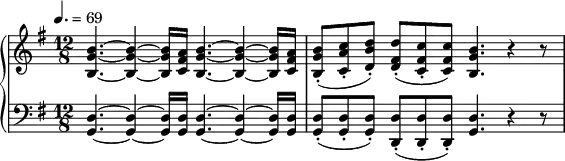 
\version "2.18.2"
\header {
  tagline = ##f
}
upper = \relative c'' {
  \clef treble 
  \key g \major
  \time 12/8
  \tempo 4. = 69
  %\override TupletBracket.bracket-visibility = ##f

   %%Schubert — Fantaisie D.894
   \repeat unfold 2 { < b g b, >4.~ < b g b, >4~ < b g b, >16 < a fis c > }
   < b g b, >8-.( < c a c, >-. < d b d, >-.) < d fis, d >-.( < c fis, c >-. q) < b g b, >4. r4 r8

}

lower = \relative c {
  \clef bass
  \key g \major
  \time 12/8

   \repeat unfold 2 { < d g, >4.~ < d g, >4~ < d g, >16 < d g, > }
   < d g, >8-.( q-. q-.) < d d, >-.( q-. q-.) < d g, >4. r4 r8
}

  \header {
    piece = ""
  }

\score {
  \new PianoStaff <<
    \new Staff = "upper" \upper
    \new Staff = "lower" \lower
  >>
  \layout {
    \context {
      \Score
      
    }
  }
  \midi { }
}
