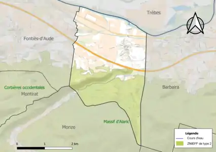 Carte des ZNIEFF de type 2 sur la commune.
