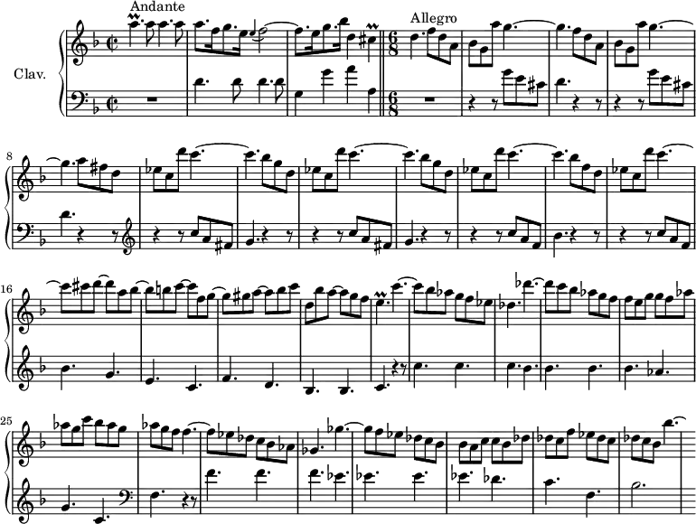 \version "2.18.2"
\header {
tagline = ##f
% composer = "Domenico Scarlatti"
% opus = "K. 396"
% meter = "Andante/Allegro"
}
%% les petites notes
trillApUp = { \tag #'print { a'4.\prall } \tag #'midi { bes32 a bes a~ a4 } }
appoFb = { \tag #'print { \appoggiatura e4 f2~ } \tag #'midi { e4 f4~ } }
trillCis = { \tag #'print { cis4\prall } \tag #'midi { d32 cis d cis~ \tempo 2 = 30 cis8 \tempo 2 = 110 } }
trillep = { \tag #'print { e4.\prall } \tag #'midi { f32 e f e~ e4 } }
upper = \relative c'' {
\clef treble
\key d \minor
\time 2/2
\tempo 2 = 56
\set Staff.midiInstrument = #"harpsichord"
\override TupletBracket.bracket-visibility = ##f
s8*0^\markup{Andante}
\trillApUp a8 a4. a8 | a8. f16 g8. e16 \appoFb | f8. e16 g8. bes16 d,4 \trillCis \time 6/8 \tempo 4. = 110
% ms. 4
d4.^\markup{Allegro} \repeat unfold 2 { f8 d a | bes g a' g4.~ | g4. }
% ms. 8 suite
a8 fis d | ees c d' c4.~ | \repeat unfold 2 { c4. bes8 g d | ees c d' c4.~ } |
% ms. 14
c4. bes8 f d | ees c d' c4.~ |
% ms. 16
c8 cis d~ d a bes~ | bes b c~ c f, g~ | g gis a~ a bes c | d, bes' a~ a g f |
% ms. 20
\trillep c'4.~ | c8 bes aes g f ees | des4. des'4.~ | des8 c bes aes g f | f e g g f aes |
% ms. 25
aes g c bes aes g | aes g f f4.~ | f8 ees des c bes aes | ges4. ges'~ | ges8 f ees des c bes |
% ms. 30
bes8 a c c bes des | des c f ees des c | des c bes bes'4.~ | \hideNotes bes8*1/8
}
lower = \relative c' {
\clef bass
\key d \minor
\time 2/2
\set Staff.midiInstrument = #"harpsichord"
\override TupletBracket.bracket-visibility = ##f
% ************************************** \appoggiatura a16 \repeat unfold 2 { } \times 2/3 { } \omit TupletNumber
R1 | \repeat unfold 2 { d4. d8 } | g,4 g' a a, \bar "||" \time 6/8
% ms. 4
R2. | \repeat unfold 2 { r4 r8 g'8 e cis | d4. r4 r8 } | \clef treble
% ms. 9
\repeat unfold 2 { r4 r8 c'8 a fis | g4. r4 r8 } | r4 r8 c8 a f | bes4. r4 r8 | r4 r8 c8 a f |
% ms. 16
bes4. g | e c | f d | bes bes |
% ms. 20
c4. r4 r8 | c'4. c | c bes | bes bes | bes aes |
% ms. 25
g4. c, | \clef bass f,4. r4 r8 | f'4. f | f ees | ees ees |
% ms. 30
ees4. des | c f, | bes2. | s64
}
thePianoStaff = \new PianoStaff <<
\set PianoStaff.instrumentName = #"Clav."
\new Staff = "upper" \upper
\new Staff = "lower" \lower
>>
\score {
\keepWithTag #'print \thePianoStaff
\layout {
#(layout-set-staff-size 17)
\context {
\Score
\override SpacingSpanner.common-shortest-duration = #(ly:make-moment 1/2)
\remove "Metronome_mark_engraver"
}
}
}
\score {
\keepWithTag #'midi \thePianoStaff
\midi { }
}