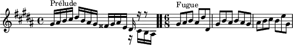 
\version "2.18.2"
\header {
  tagline = ##f
}

\score {

<<
  \relative c'' {
    \key gis \minor
    \time 4/4
	\set Staff.midiInstrument = #"harpsichord" 

     %% INCIPIT CBT II-18, BWV 887, sol-dièse mineur
     << { s8*0^\markup{Prélude} gis16 ais b cis dis b ais gis fisis gis ais e dis r16 r8 } \\ { s2. r16 cis b ais } >>  \bar ".."
 
     \time 6/8
     s8*0^\markup{Fugue} gis'8 ais b ais dis dis, | gis b ais b ais gis ais b cis b e gis,

  }
>>
  \layout {
     \context { \Score \remove "Metronome_mark_engraver" 
     \override SpacingSpanner.common-shortest-duration = #(ly:make-moment 1/2)
 }
       }
  \midi {}
}
