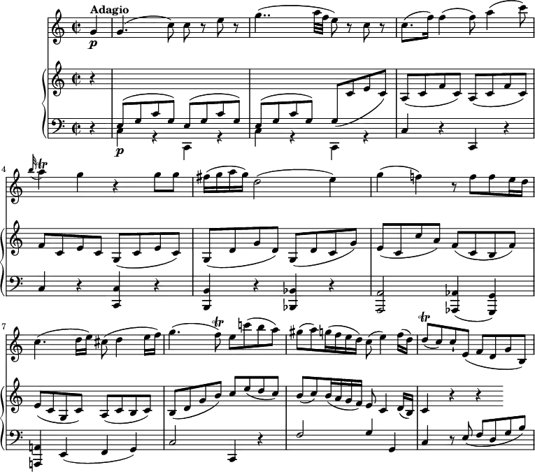 
\version "2.18.2"
\header {
  tagline = ##f
}
upper = \relative c {
               \key c \major
               \time 2/2
               \tempo 4 = 60
               \set Staff.midiMinimumVolume = #0.2 \set Staff.midiMaximumVolume = #0.5
            \partial4 r4  \change Staff =lower
            \stemUp e8\p ^(g c g) e ^ (g c g)
            e ^ (g c g) g (\change Staff =upper c e c)
            a (c f c) a (c f c)
            f c e c) g (c e c)
            g (d' g d) g, (d' c g')
            e (c c' a) f (c b f')
            e (c g c) a (c b c)
            b (d g b) c e (d c)
            b (c) b16 (a g f) e8 c4 d16 (b)
            c4 r r
            }
   
lower =  \relative c {
                \clef bass 
                \key c \major
                \time 2/2
                \set Staff.midiMinimumVolume = #0.2 \set Staff.midiMaximumVolume = #0.5
          \partial4  r4
          \stemDown  c g\rest c, g'\rest
          c g\rest c, g'\rest
          \stemUp c r c, r
          c' r <c, c'> r
          <b b'> r <bes bes'> r
          <a a'>2  <aes aes'>4 (<g g'>)
          <a! a'!> e' (f g)
          c2 c,4 r
          f'2 g4 g,
          c r8 e (f d g b)
             }
      
 vl = \relative c'' {
              \key c \major
               \time 2/2
    \partial 4 g4\p^ \markup \bold {{"Adagio"}}
    g4. (c8) c r8 e r8
    g4.. (a32 f e8) r8 c r8
    c8. (f16) f4 (f8) a4 (c8)
    \grace b32 (a4)\trill g r4 g8 g
    fis16 (g a g) d2 (e4)
    g (f!) r8 f f e16 d
    c4. (d16 e) cis8 (d4 e16 f)
    g4. (f8\trill) e c'! (b a)
    gis (a) g16 (f e d) c8 (e4) f16 (d)
    d8\trill (c) c-! e, (f d g b,)
                 }             
\score {
    \new GrandStaff <<
      \new PianoStaff <<  
        \new Staff = "upper" \upper
        \new Staff = "lower" \lower
       \set Staff.midiMinimumVolume = #0.2 \set Staff.midiMaximumVolume = #0.5
    >>
   \new Staff = "vl" \vl
    >>
    \layout {
    \context {
      \Score
      \remove "Metronome_mark_engraver"
    }
  }
  \midi { }
}
