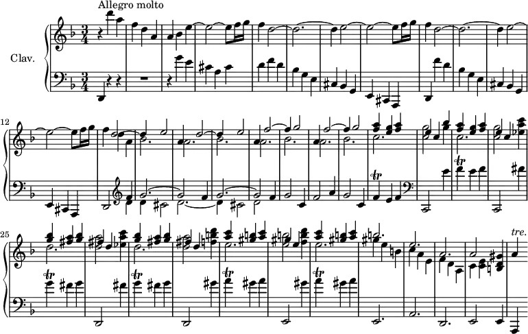 
\version "2.18.2"
\header {
  tagline = ##f
  % composer = "Domenico Scarlatti"
  % opus = "K. 510"
  % meter = "Allegro molto"
}

%% les petites notes
trillF     = { \tag #'print { f4\trill } \tag #'midi { g32 f g f~ f8 } }
trillA     = { \tag #'print { a4\trill } \tag #'midi { b32 a b a~ a8 } }
trillG     = { \tag #'print { g4\trill } \tag #'midi { a32 g a g~ g8 } }
trillAUp   = { \tag #'print { a'4^\markup{ \italic "tre."} } \tag #'midi { \times 2/3 { a32 bes a~ } a8. } }

upper = \relative c'' {
  \clef treble 
  \key d \minor
  \time 3/4
  \tempo 2 = 88

      s8*0^\markup{Allegro molto}
      r4 d'4 a | f d a | a bes e~ | e2~ e8 f16 g | f4 d2~ | d2.~ |
      % ms. 7
      d4 e2~ | e2~ e8 f16 g | f4 d2~ | d2.~ | d4 e2~ | e~ e8 f16 g |
      % ms. 13
      f4 
      << { d2~ | d4 e2 | a,4 d2~ | d4 e2 | a,4 f'2~ | f4 g2 | a,4 f'2~ | f4 g2 } 
       \\ { d4 a | bes2. a bes a bes | a bes } >>
      % ms. 20
      << { < f' a >4 < e g > < f a > | e c bes' | < f a >4 < e g > < f a > | e c } 
       \\ { c2. | < c g' >2 g'4 | c,2. | < c g' >2 } >> < ees a c >4
      % ms. 25
      << { < g bes >4 < fis a > < g bes > | fis4 d s4 | < g bes >4 < fis a > < g bes > | fis4 d s4 | < a' c >4 < gis b > < a c > | gis e s4 } 
       \\ { d2. | < d a' >2 < ees a c >4 | d2. | < d a' >2 < f b d >4 | e2. | < e b' >2 < f b d >4 } >>
      % ms. 31
      << { < a c >4 < gis b > < a c > | b2. e,  a, | a2 } 
       \\ { e'2. | gis4 e b | c a e | f d a | c < c e > } >> < b d gis >4 | \trillAUp
      % ms. 38
      

}

lower = \relative c' {
  \clef bass
  \key d \minor
  \time 3/4

    % ************************************** \appoggiatura a16  \repeat unfold 2 {  } \times 2/3 { }   \omit TupletNumber 
      d,,4 r4 r4 | R2. | r4 g''4 e | cis a cis | d f d | bes g e |
      % ms. 7
      cis4 bes g | e cis a | d f'' d | bes g e | cis bes g | e cis a |
      % ms. 13
      d2   \clef treble  << { \repeat unfold 2 { f''4 | g2.~ | g2 } } \\ { d4 | d cis2 | d2.~ | d4 cis2 | d2 } >> f4 | g2 c,4 |
      % ms. 19
      f2 a4 | g2 c,4 | \trillF e4 f |   \clef bass c,,2 e''4 | \trillF e4 f  | c,,2 fis''4 | 
      % ms. 25
      \trillG fis4 g | d,,2 fis''4 | \trillG fis4 g | d,,2 gis''4 | \trillA gis a | e,,2 gis''4 |
      % ms. 31
      \trillA gis4 a | e,,2. a d, | e2 e4 | a,4
      % ms. 38
      

}

thePianoStaff = \new PianoStaff <<
    \set PianoStaff.instrumentName = #"Clav."
    \new Staff = "upper" \upper
    \new Staff = "lower" \lower
  >>

\score {
  \keepWithTag #'print \thePianoStaff
  \layout {
      #(layout-set-staff-size 17)
    \context {
      \Score
     \override TupletBracket.bracket-visibility = ##f
     \override SpacingSpanner.common-shortest-duration = #(ly:make-moment 1/2)
      \remove "Metronome_mark_engraver"
    }
  }
}

\score {
  \keepWithTag #'midi \thePianoStaff
  \midi { \set Staff.midiInstrument = #"harpsichord" }
}
