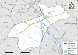 Carte en couleur présentant le réseau hydrographique de la commune