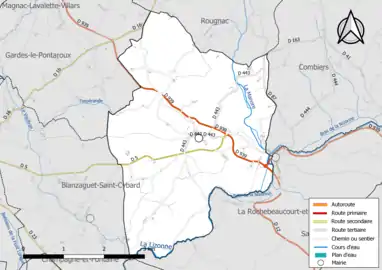 Carte en couleurs présentant le réseau hydrographique de la commune