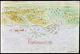 Carte espagnol du XVIIe&nbsp;siècle montrant un fragment côtier de l'île caribéenne de Guadeloupe, Cardona, 1632.